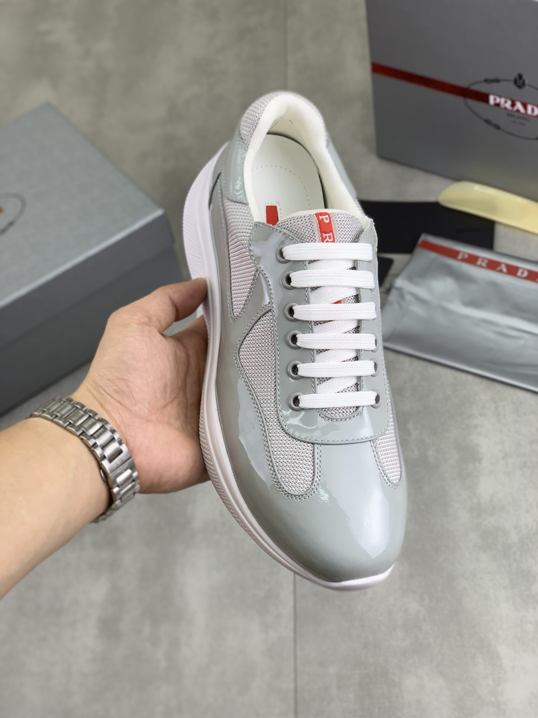 Prada Mesh Leather Sneakers Gray