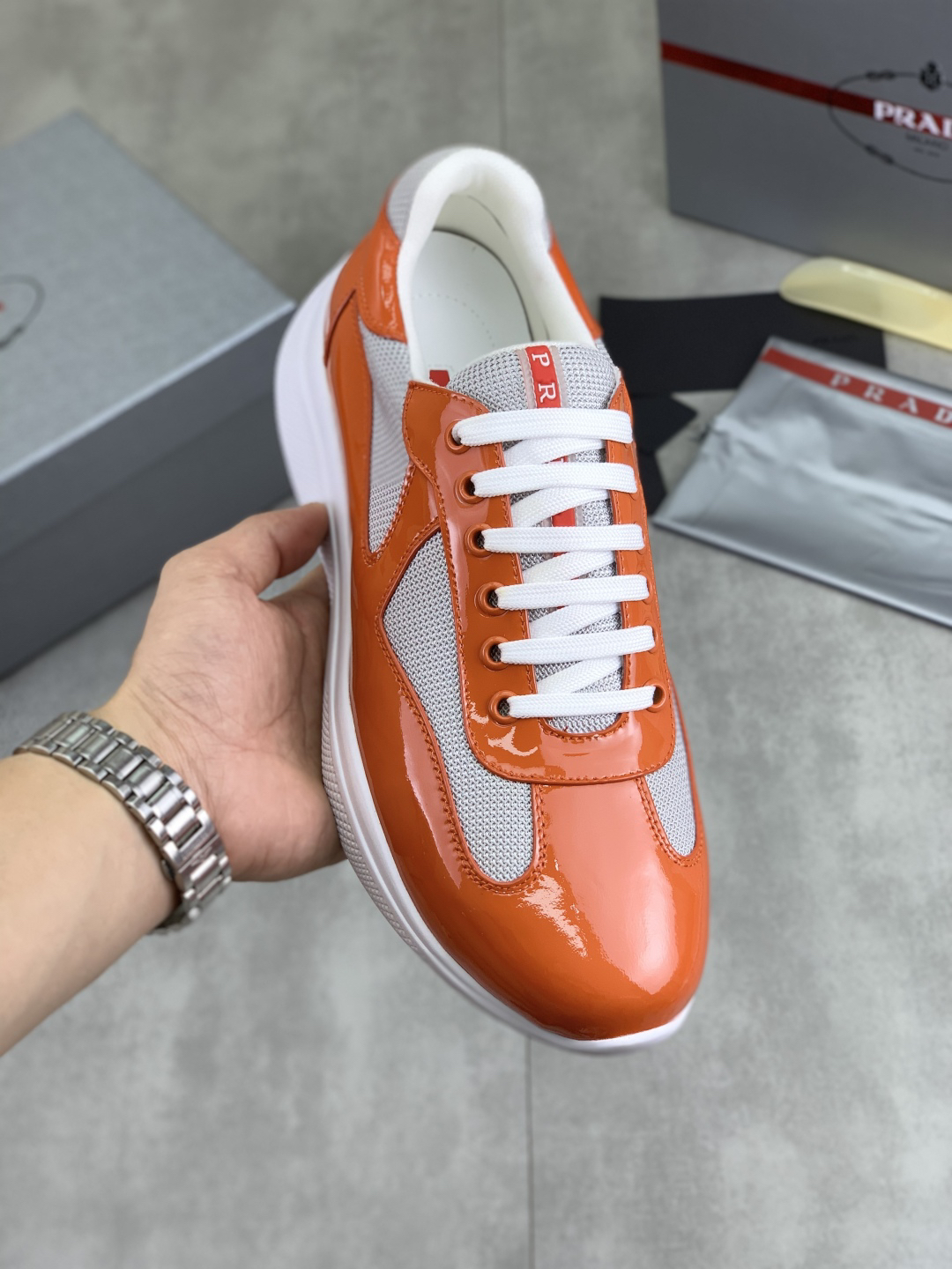 Prada Leather Mesh Sneakers Orange