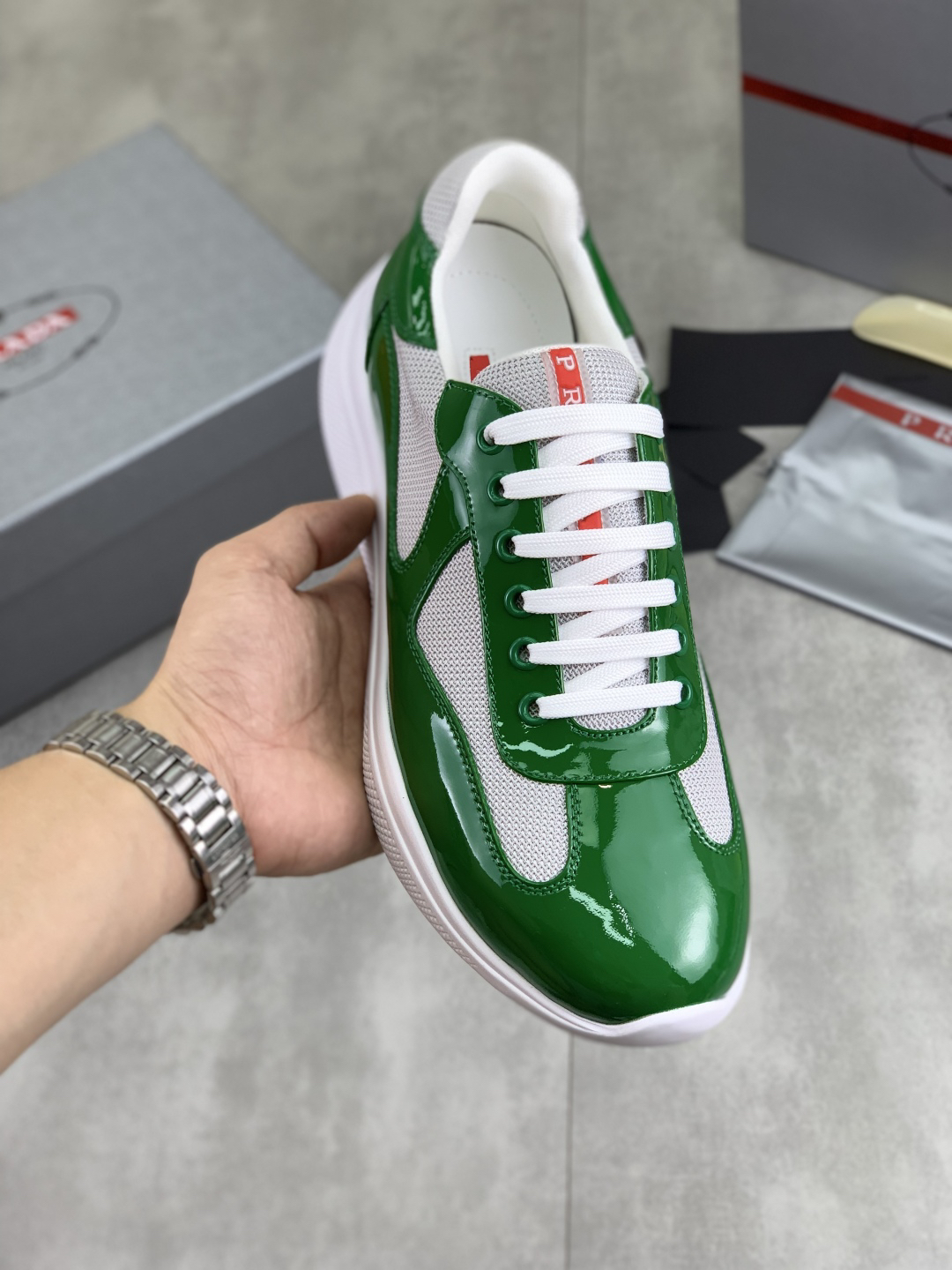 Prada Leather Mesh Low-Top Sneakers Green