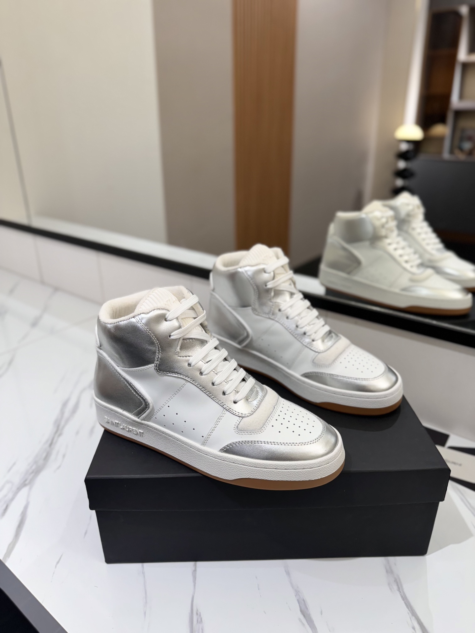 YSL SL61 Leather High-Top Sneakers Silver/White