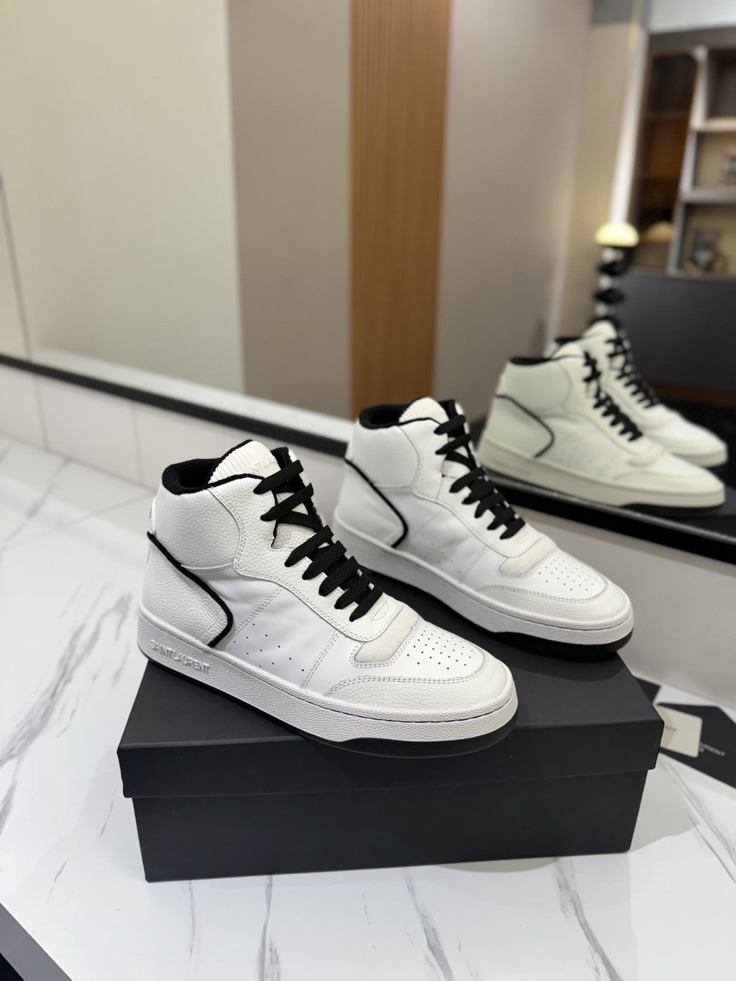 YSL SL61 Leather High-Top Sneakers White/Black