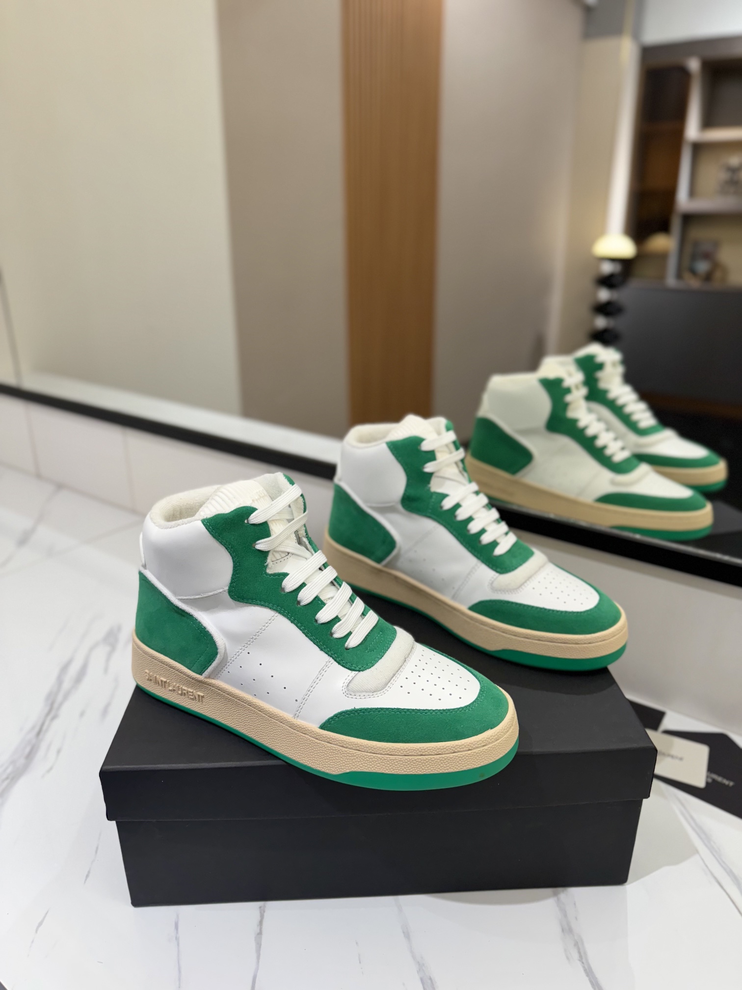 YSL SL80 High-Top Leather Sneakers Green