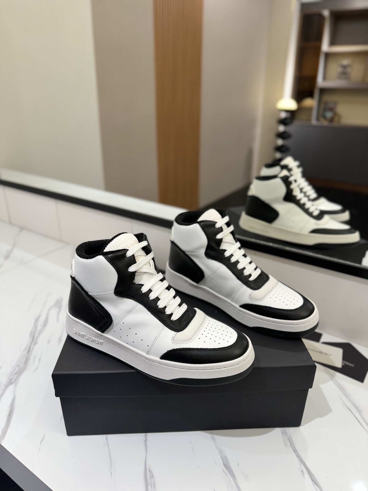 YSL SL61 Leather High-Top Sneakers Black White