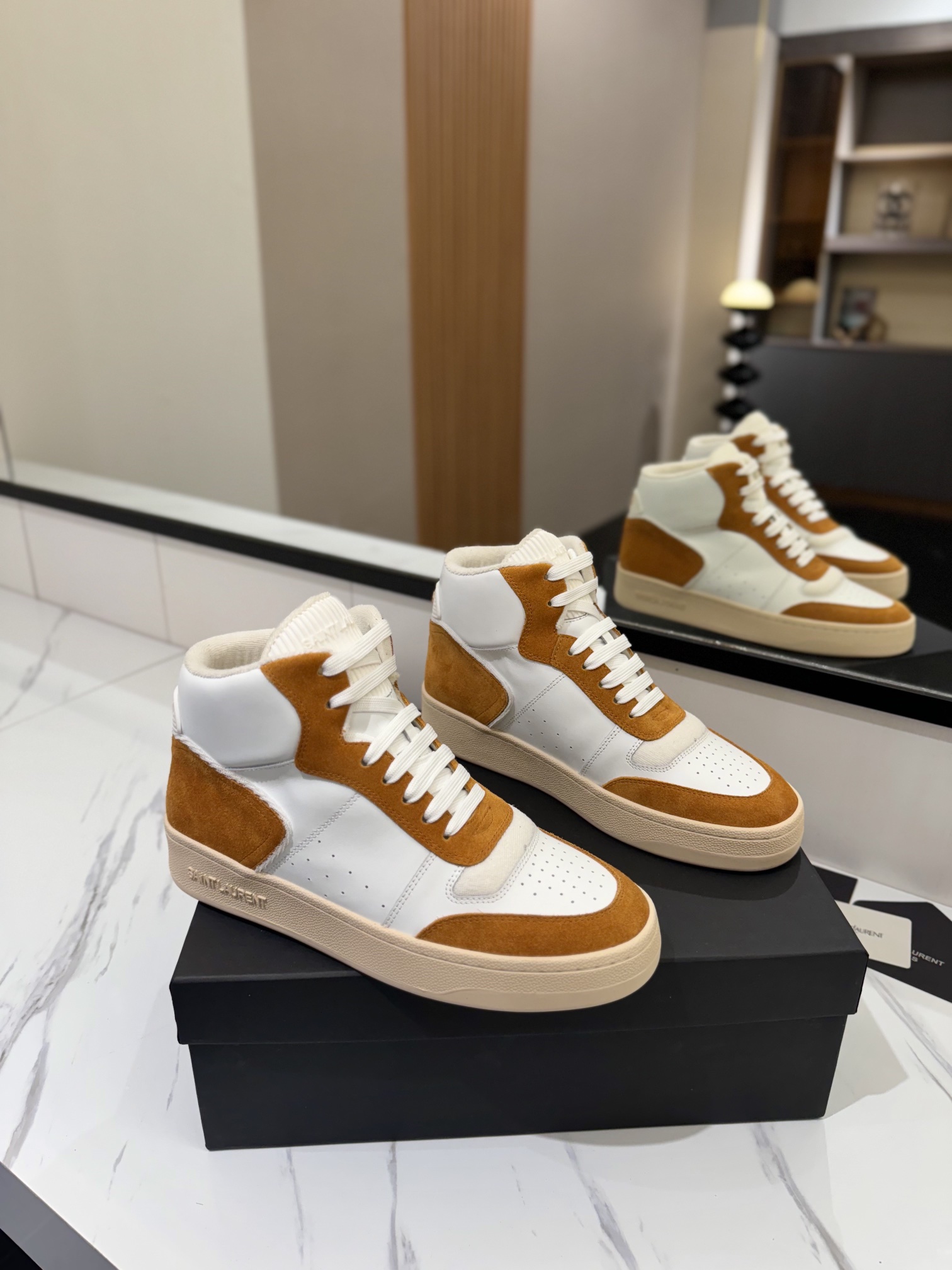 YSL SL80 High-Top Sneakers White/Brown