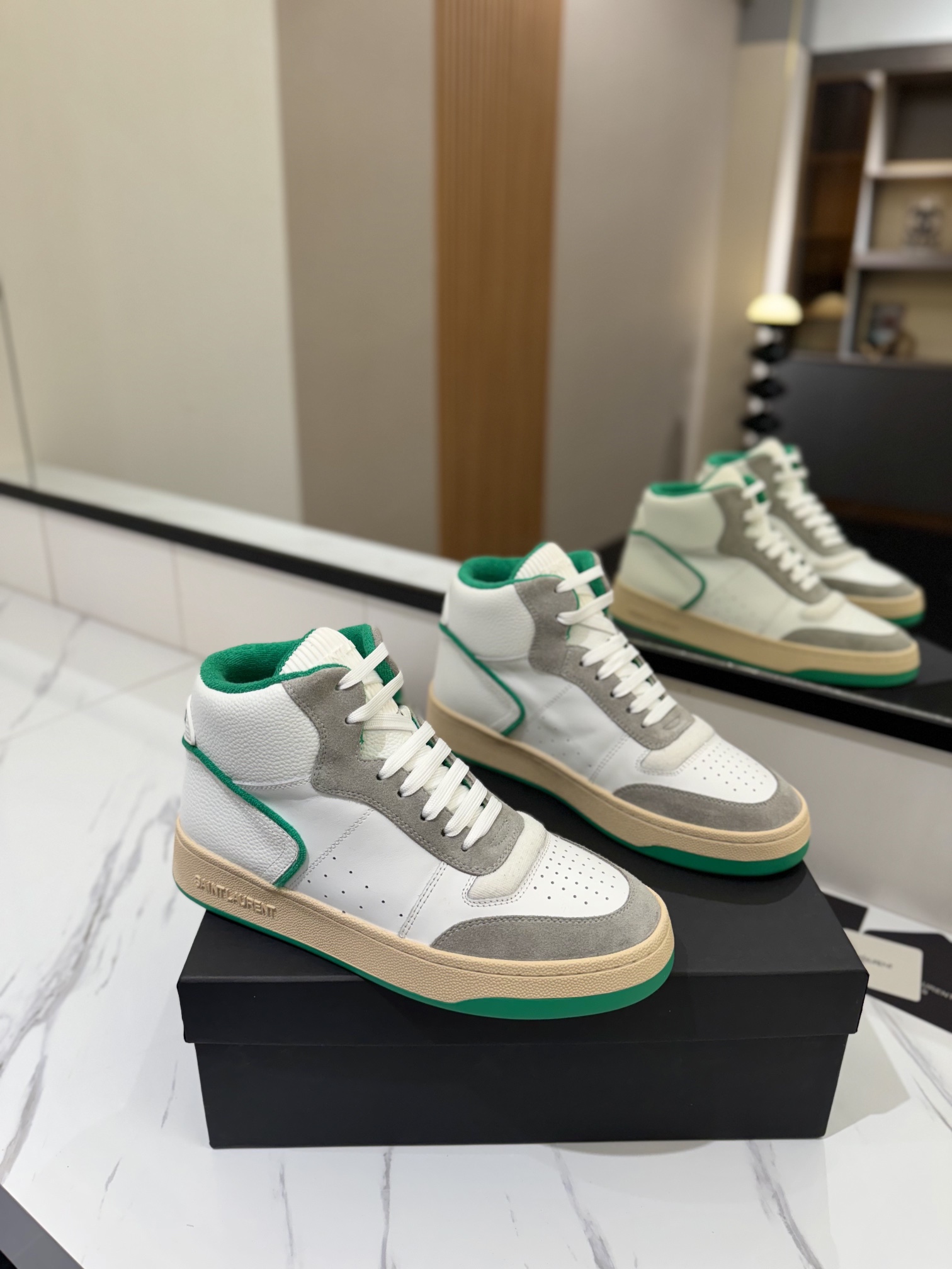 YSL SL61 Leather High-Top Sneakers White/Green