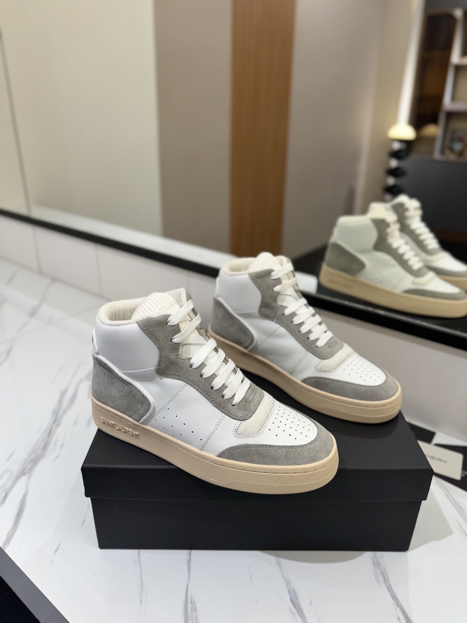 Saint Laurent SL61 Leather High-Top Sneakers White/Grey