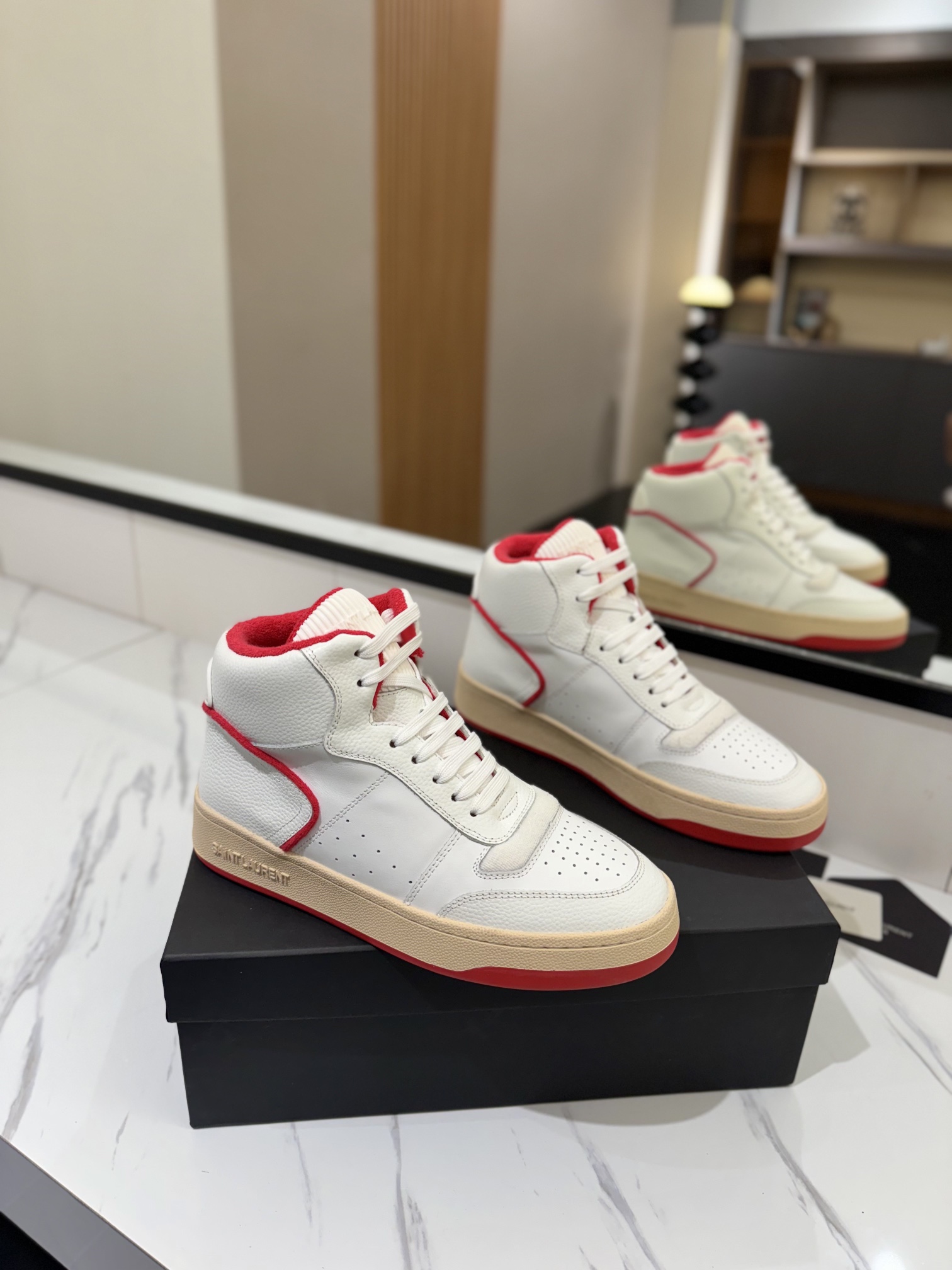 YSL SL61 Leather High-Top Sneakers White/Red