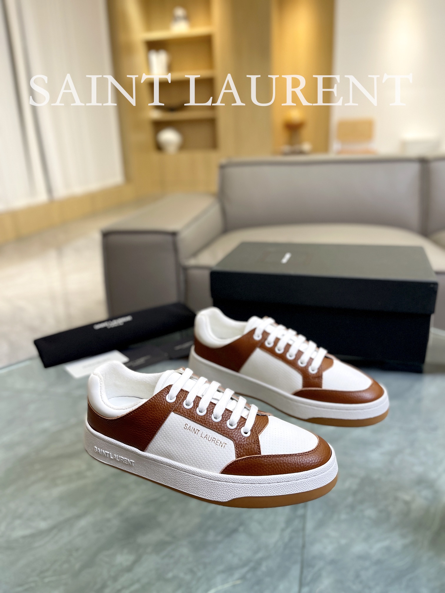 YSL SL61 Leather Sneakers Brown/White