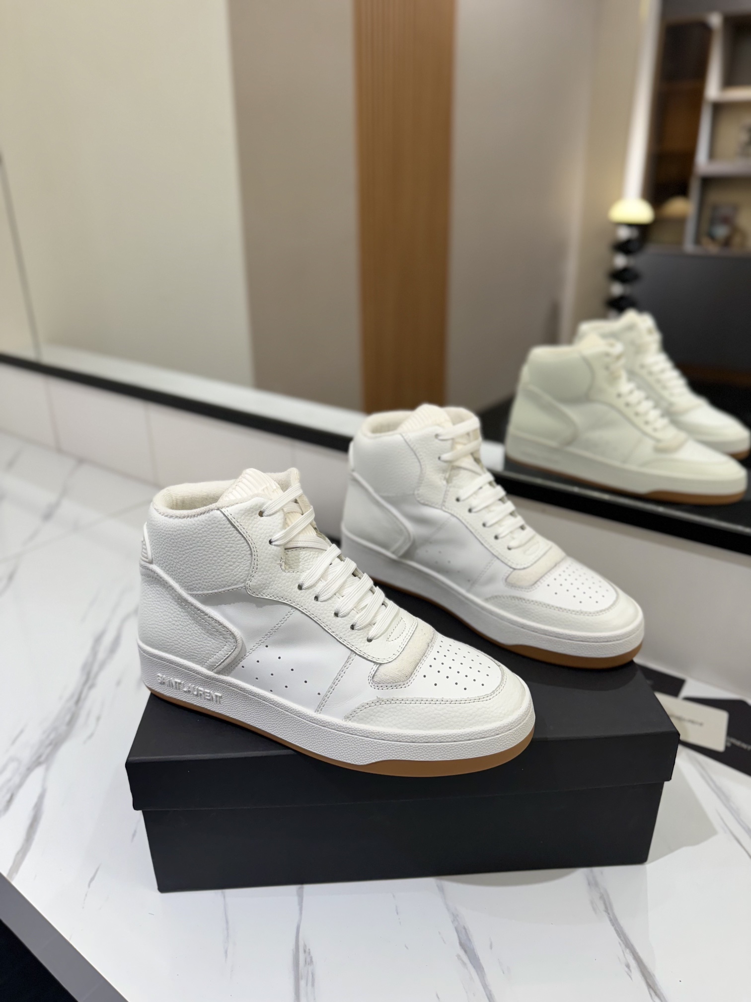 YSL SL61 Leather High-Top Sneakers White