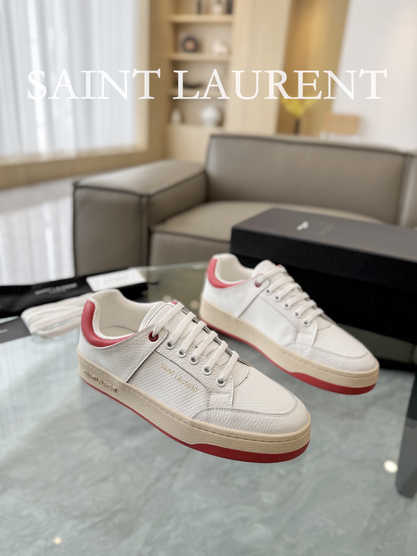 YSL SL61 Leather Low-Top Sneakers White/Red