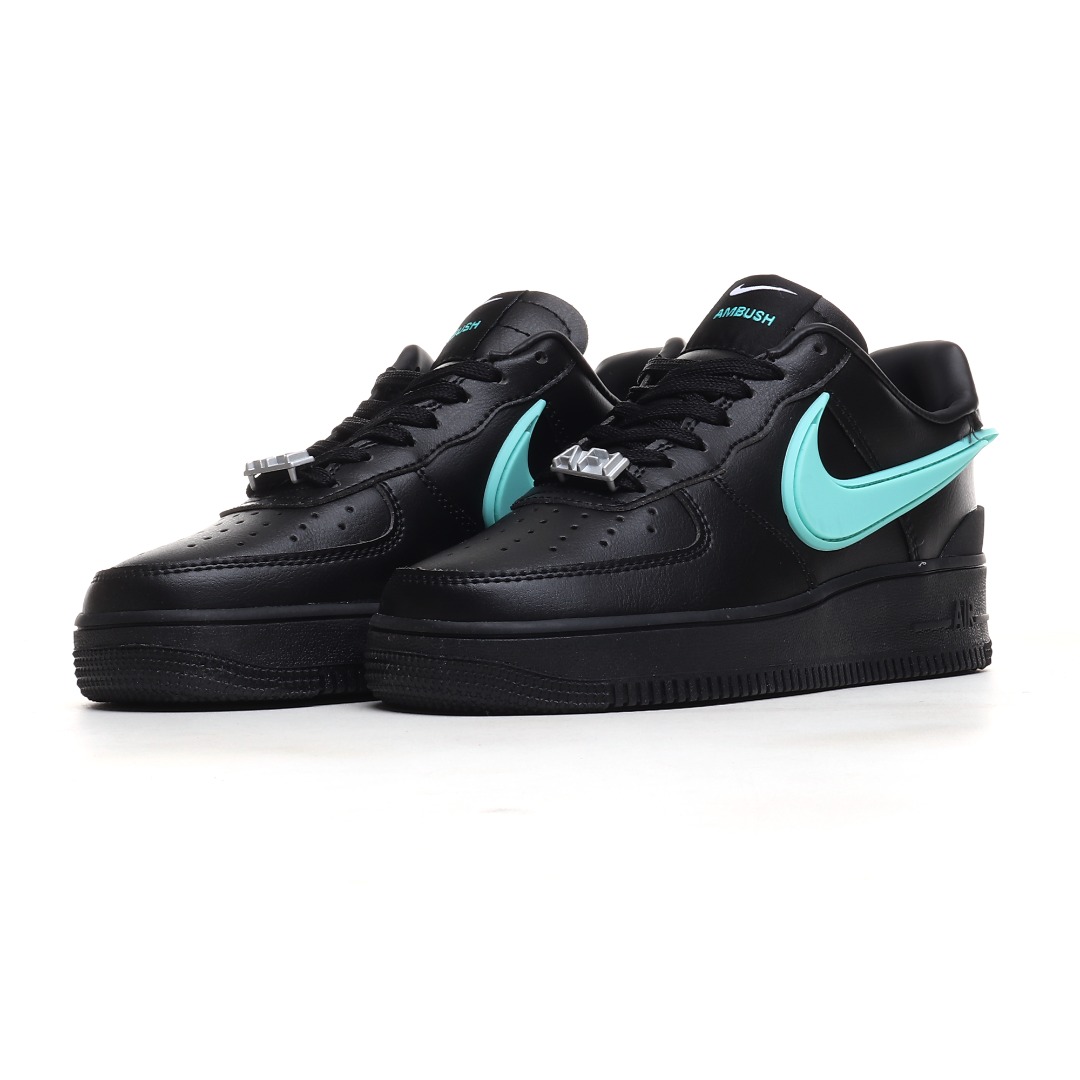 Nike x AMBUSH Air Force 1 Low Leather Sneakers Black/Aqua
