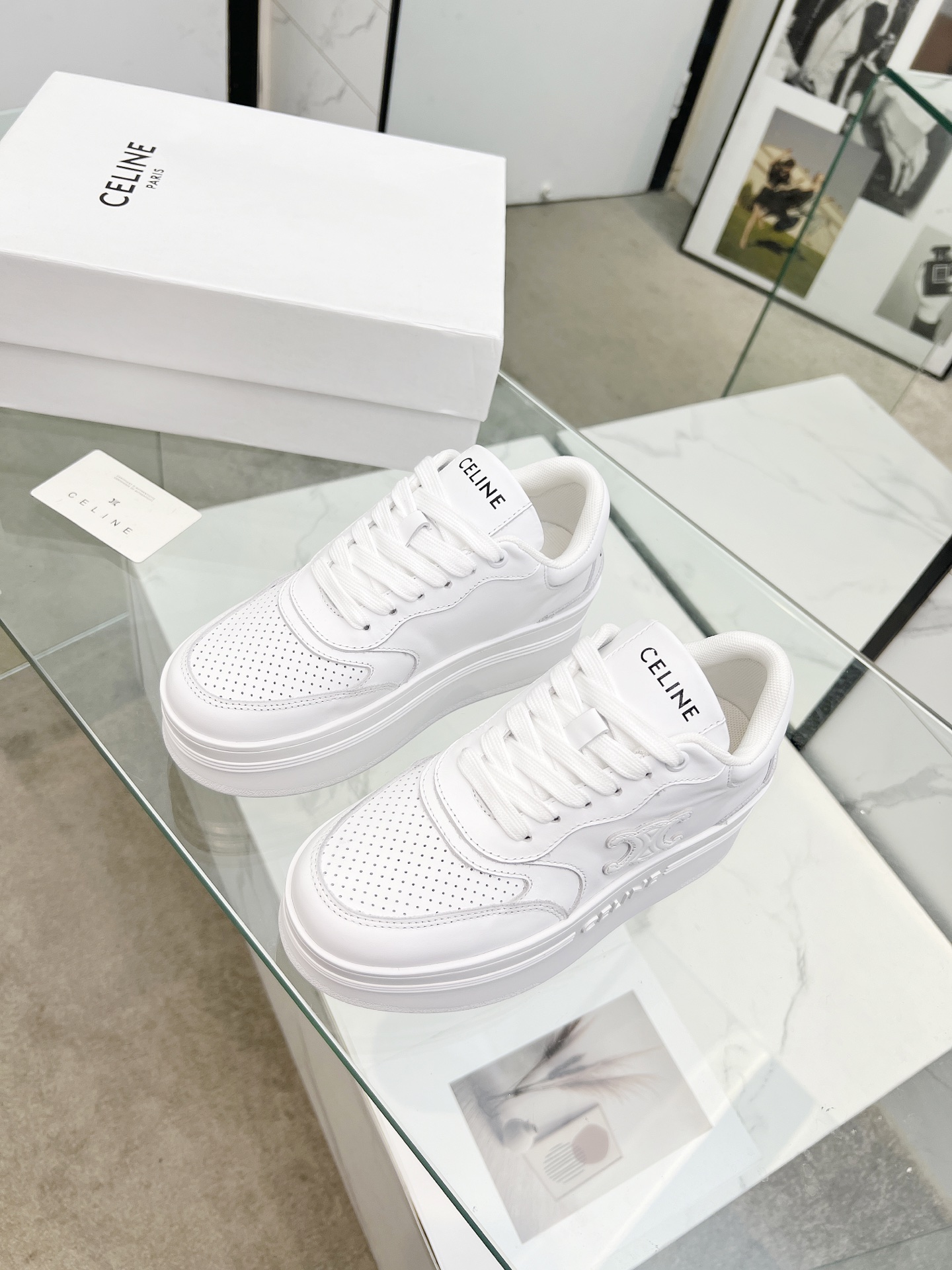 CELINE Triomphe Wedge Platform Sneakers White