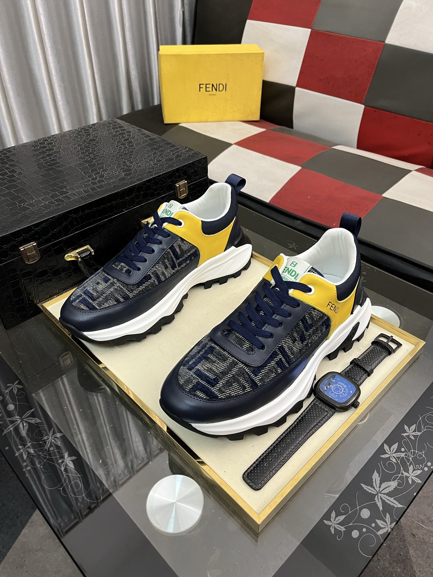 Fendi Leather Chunky Sneakers Navy/Yellow