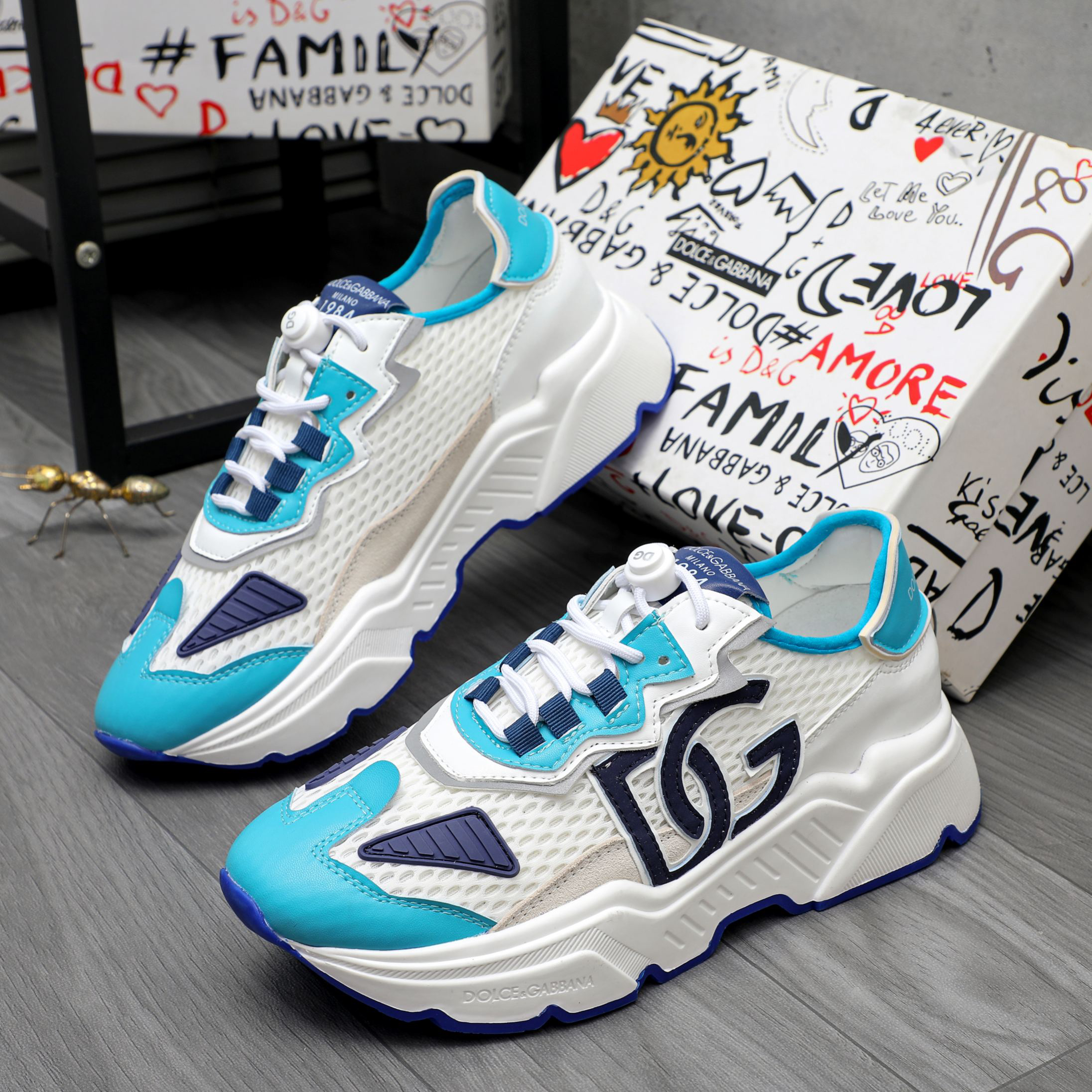 Dolce & Gabbana Mesh Leather Sneakers Blue