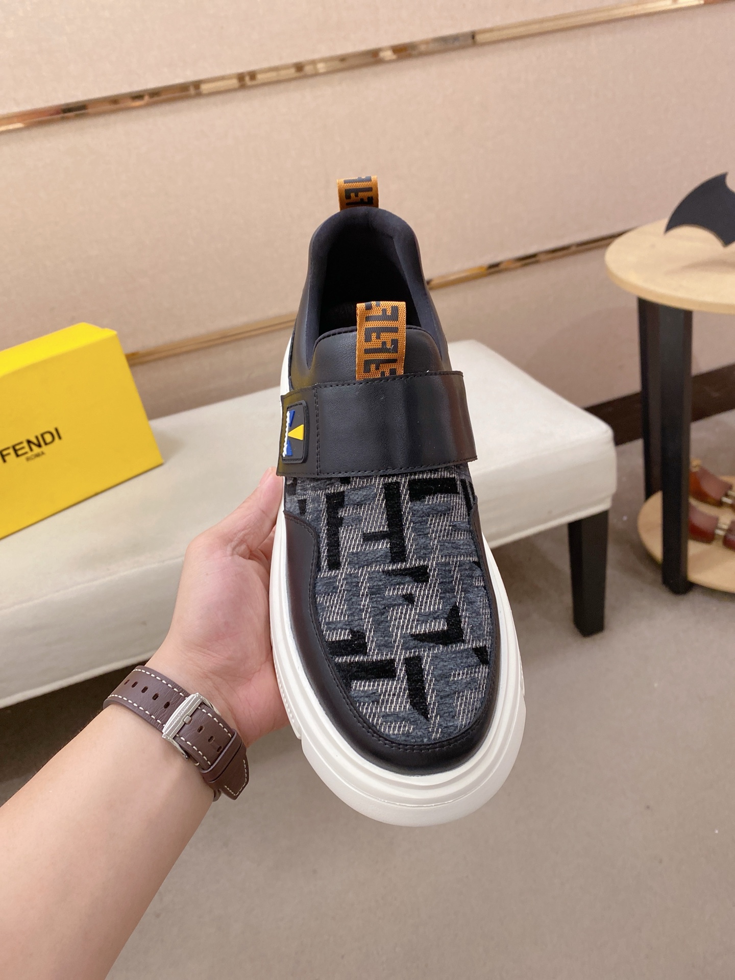 Fendi Leather Knit Slip-On Sneaker Black