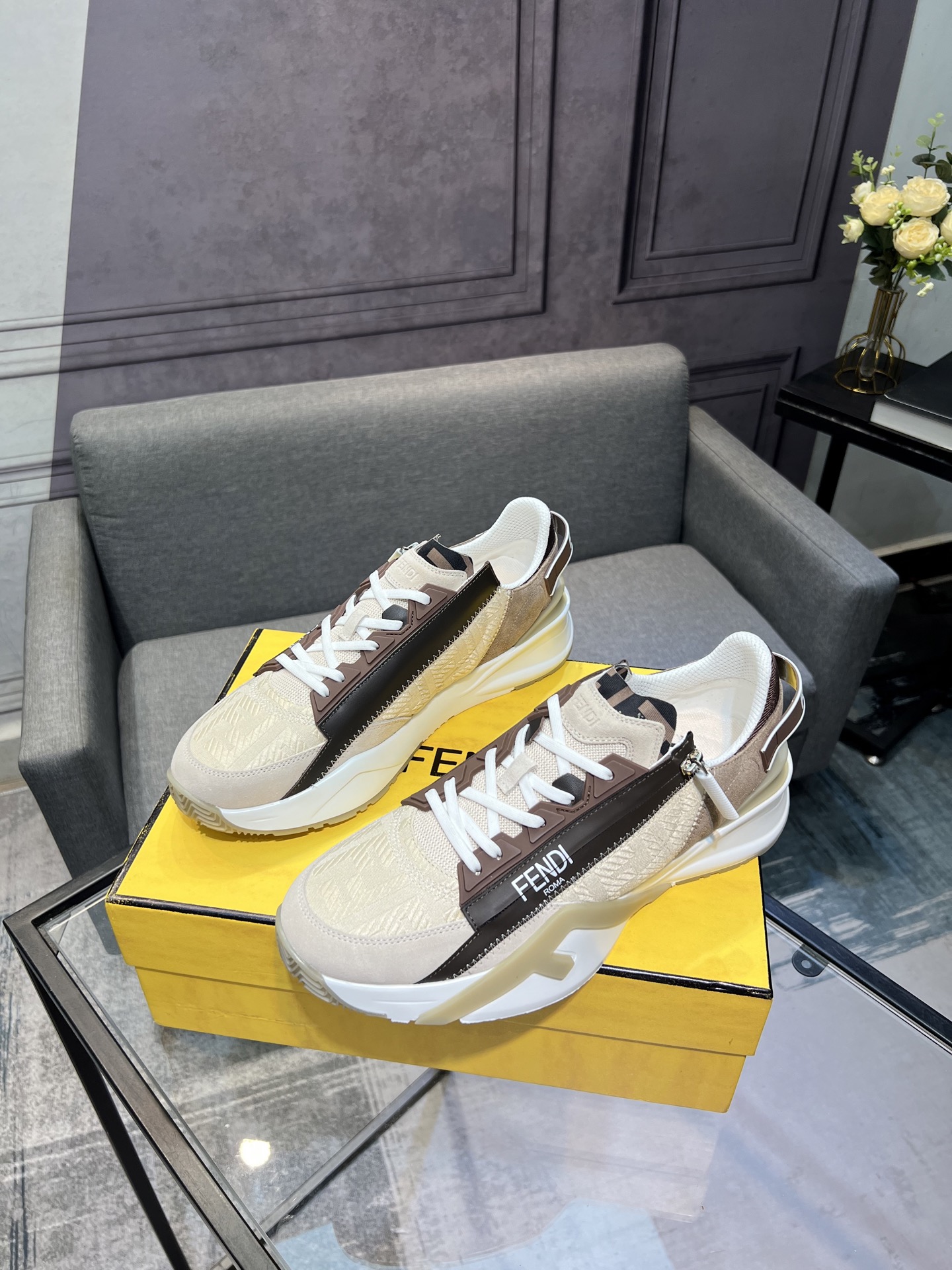 Fendi Flow Low-Top Sneakers Beige