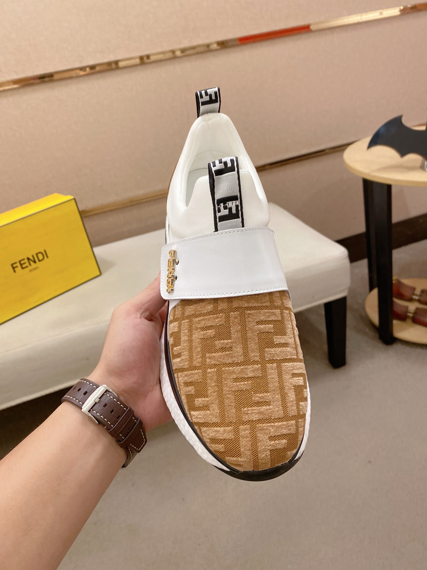 Fendi FF Slip-On Runner Sneakers Beige
