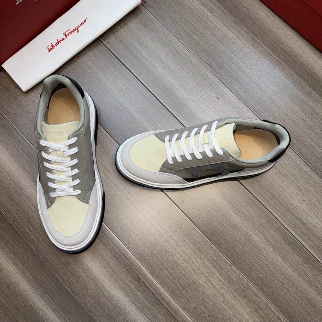 Ferragamo Suede Leather Low-Top Sneakers Grey/White/Black