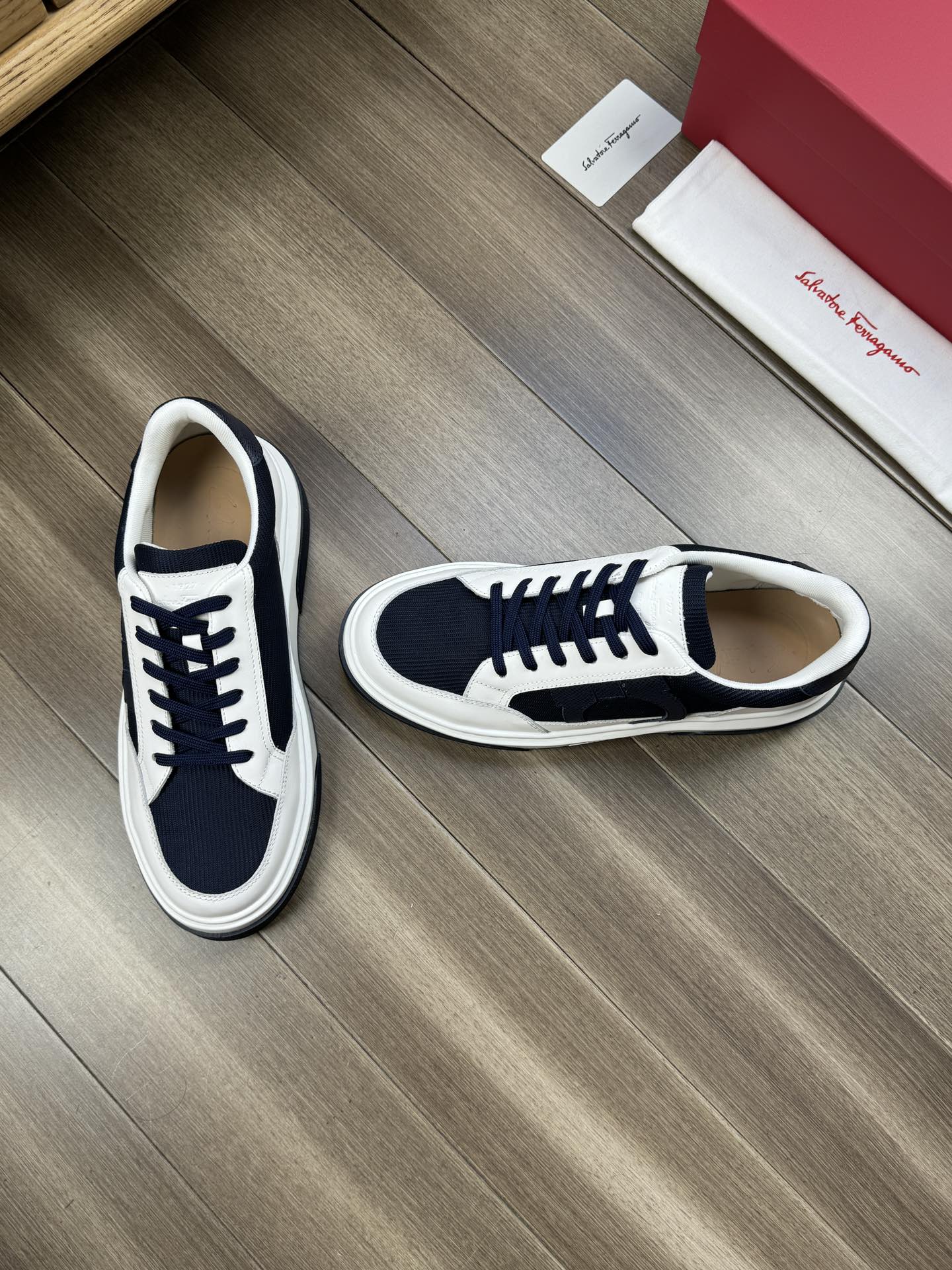 Ferragamo Logo Canvas Low-Top Sneakers Navy/White