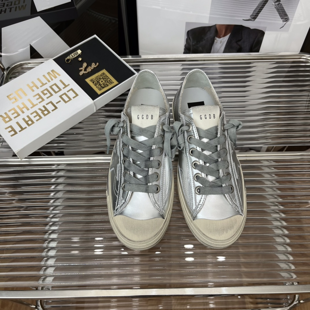 Golden Goose V-Star2 Distressed Sneakers Silver