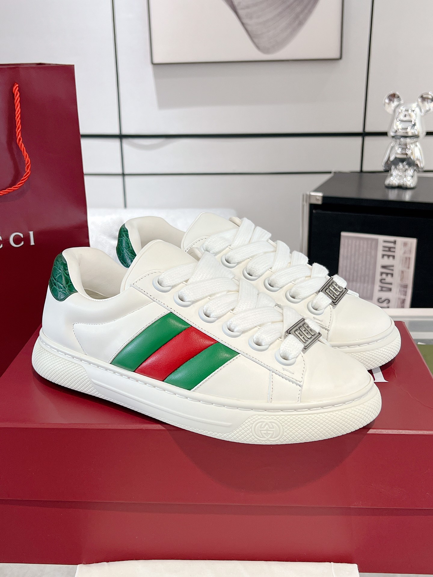 Gucci Ace Thick-Sole Sneakers White Green Red