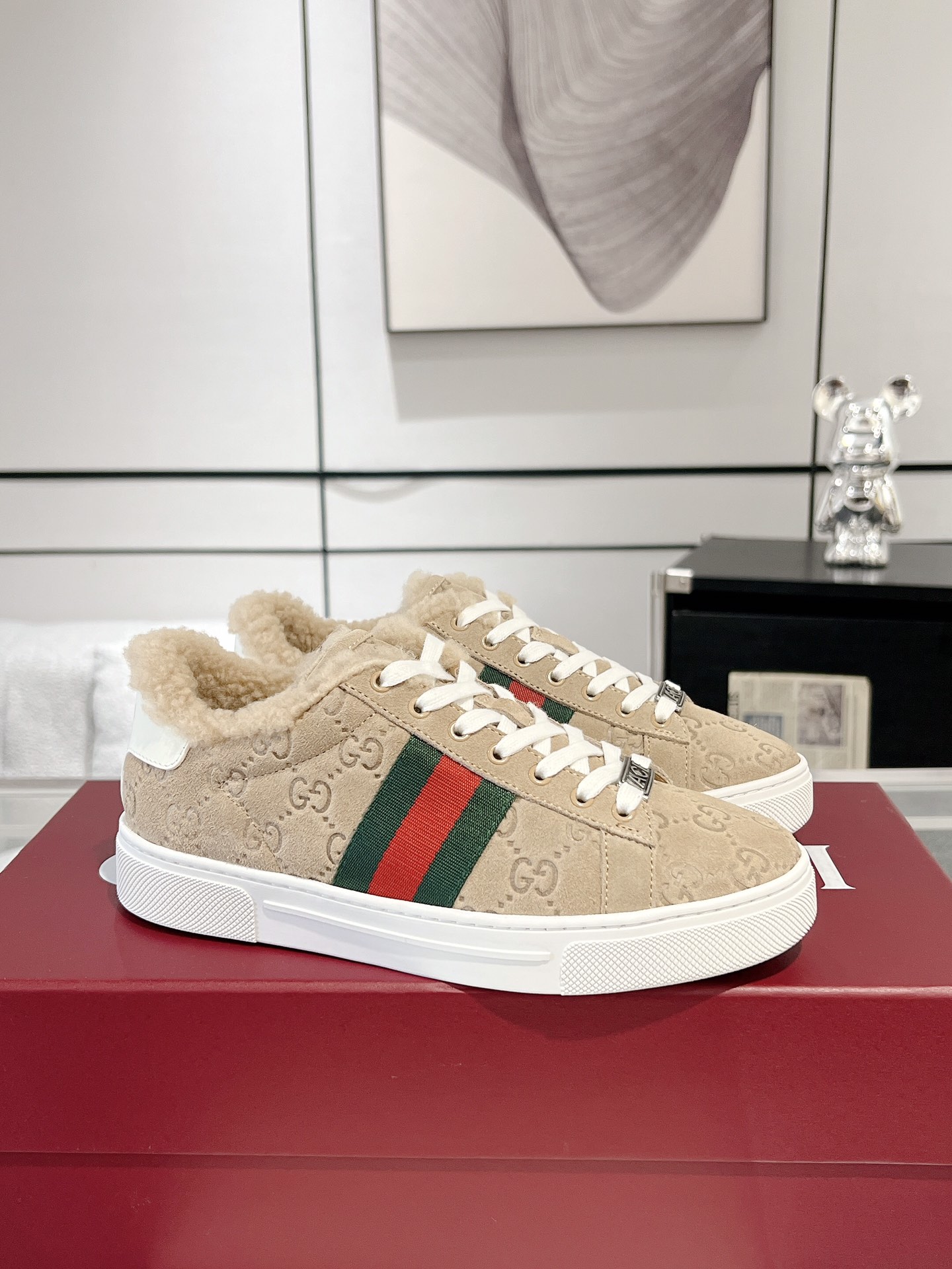 Gucci Ace GG Suede Shearling Sneakers Beige