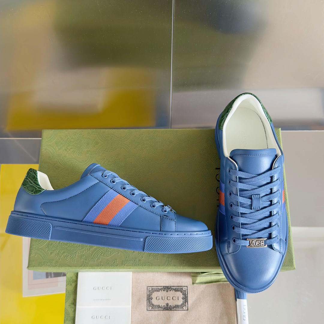 Gucci Ace Leather Low-Top Sneakers Blue