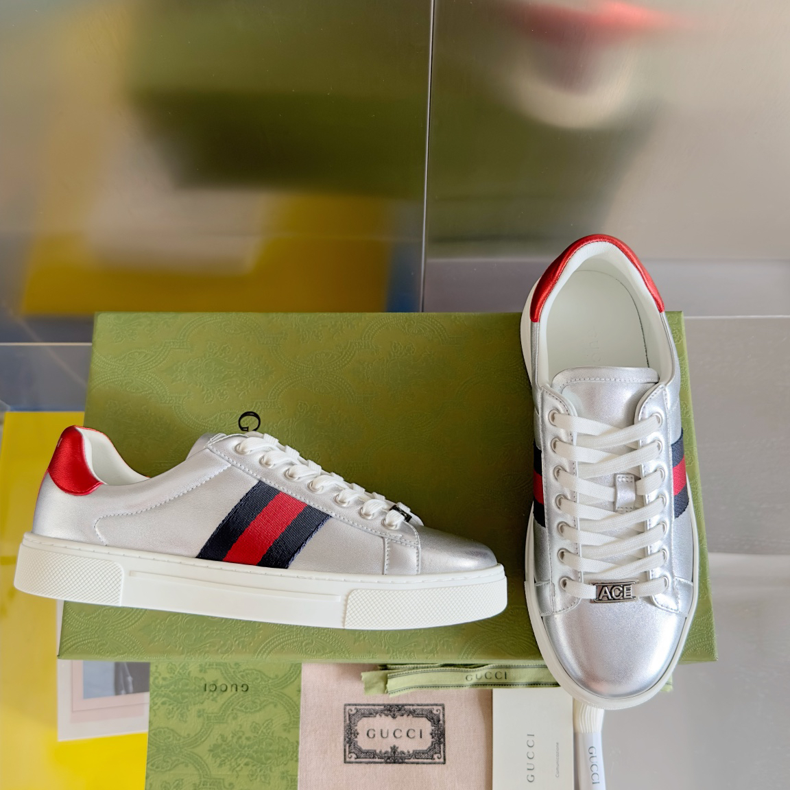 Gucci Ace Leather Sneakers Silver