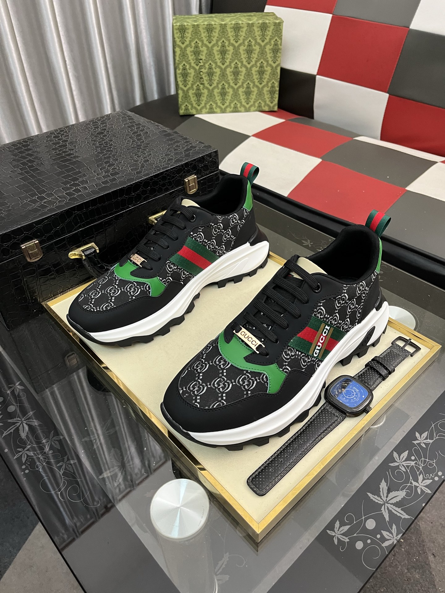 Gucci Web Stripe GG Sneakers Black/Green/Red