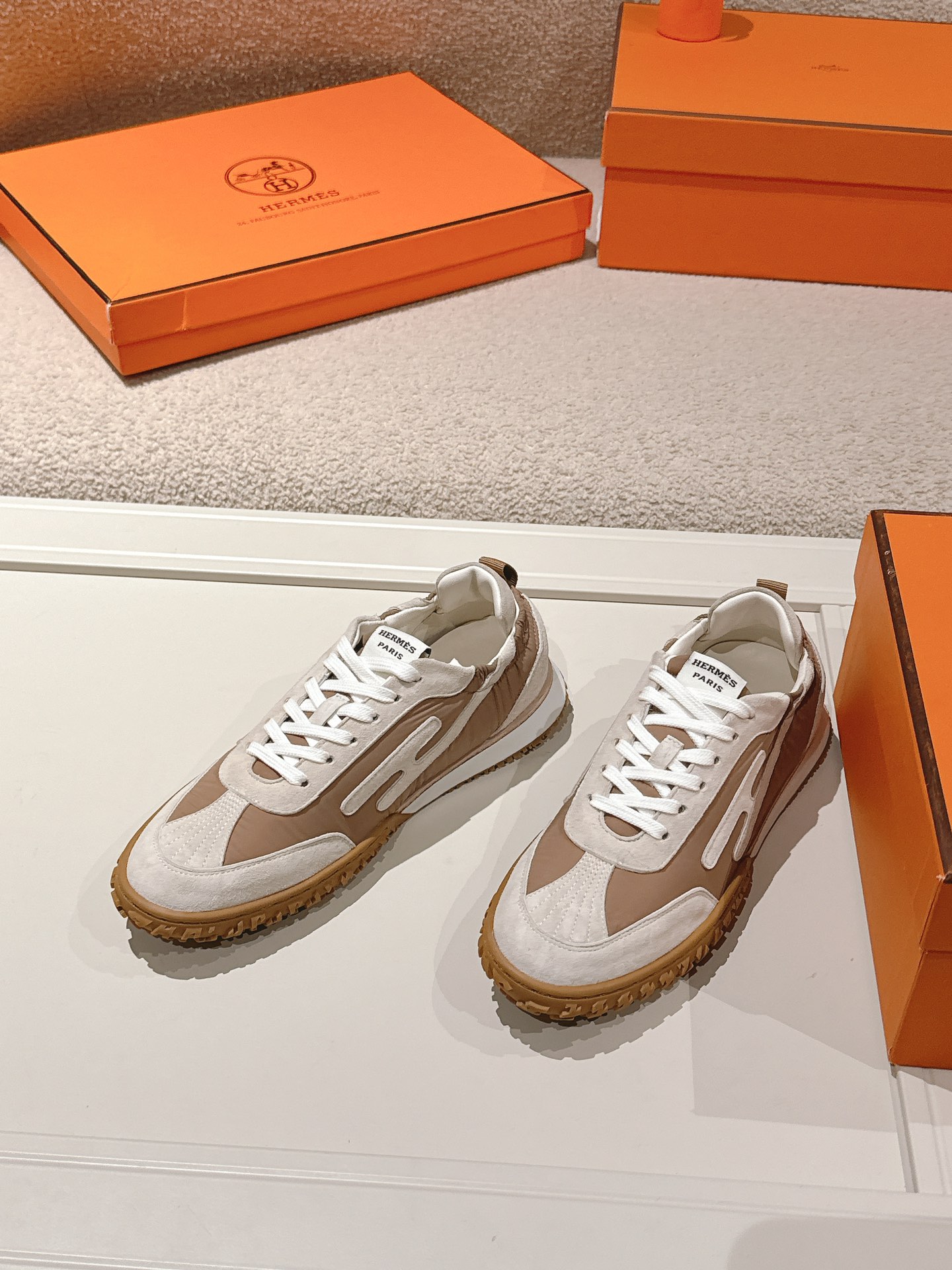 Hermes H Suede Sport Sneakers Tan/White