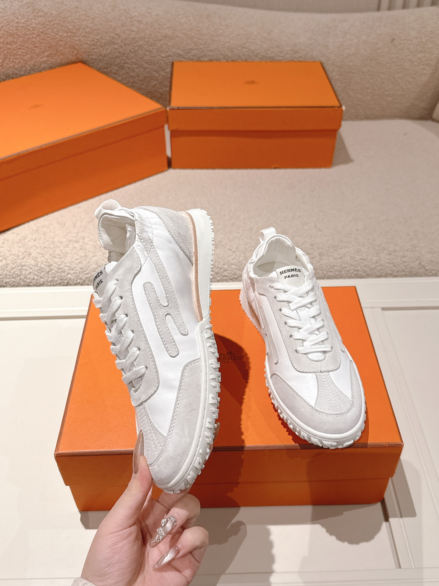 Hermes Suede Leather H Sneaker White