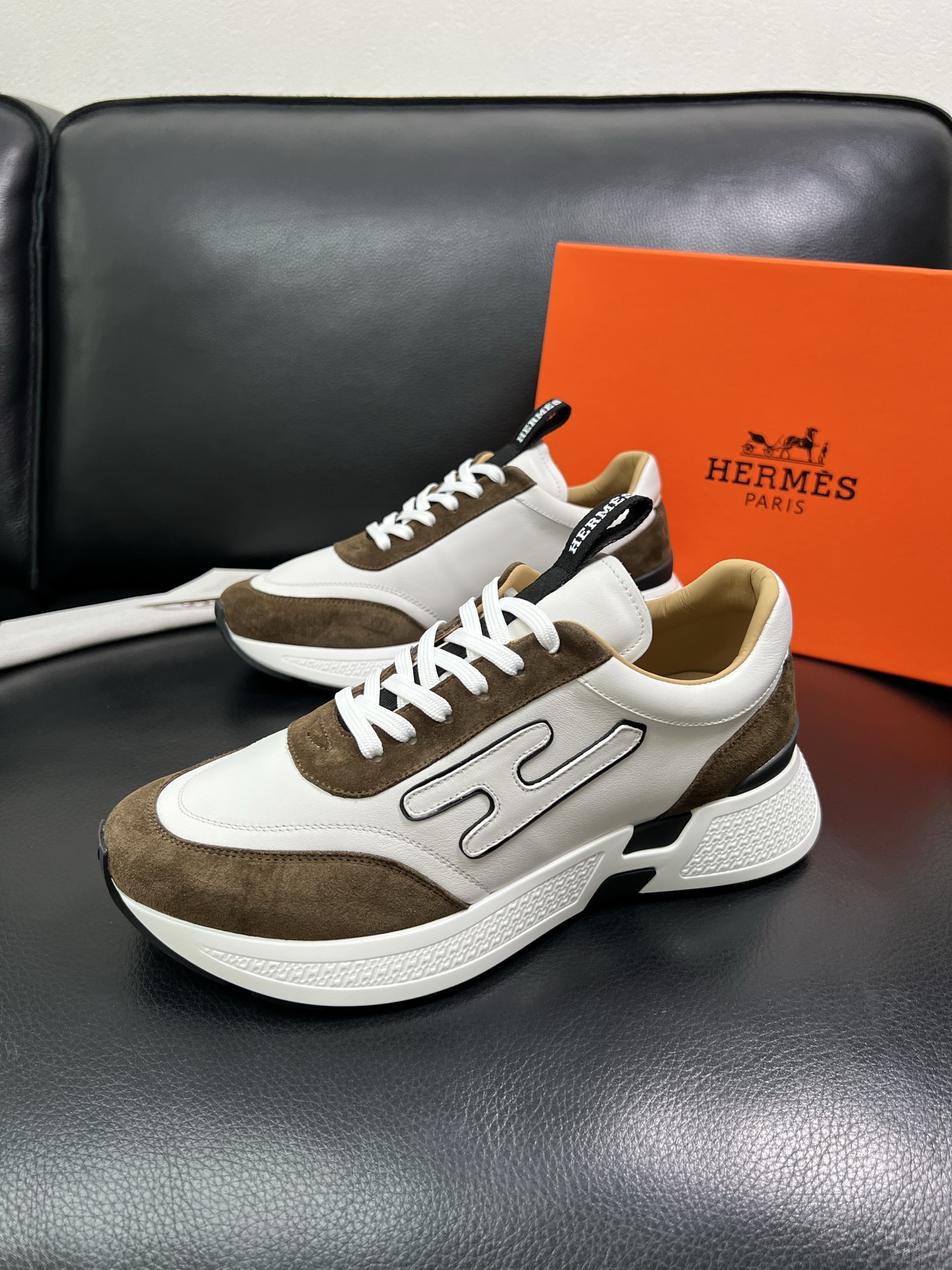Hermes Leather & Suede Low Sneakers White/Brown