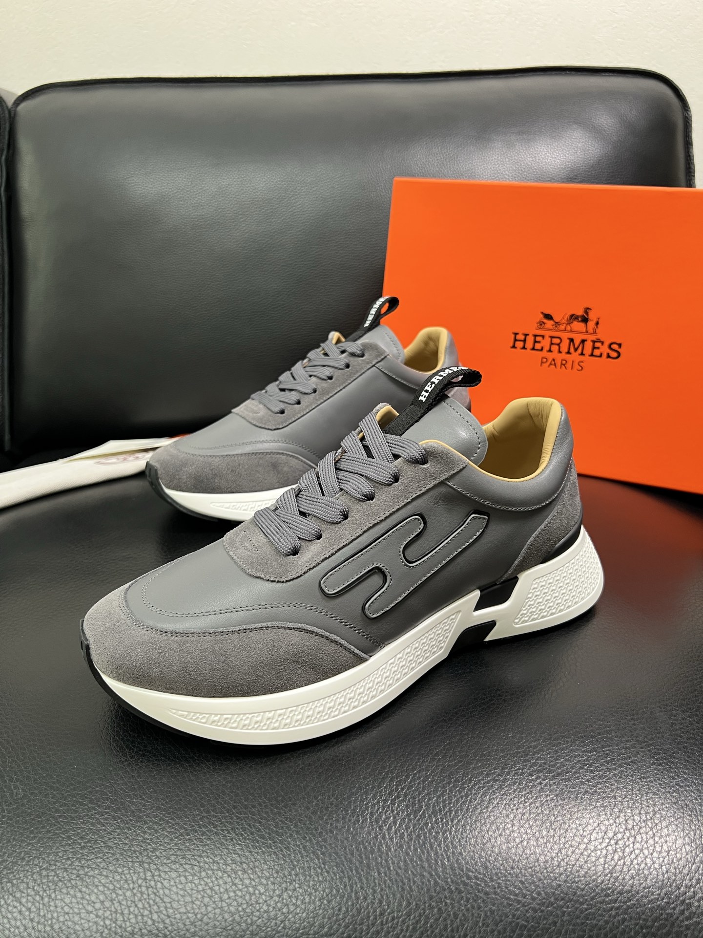 Hermes Leather Suede Sneakers Grey