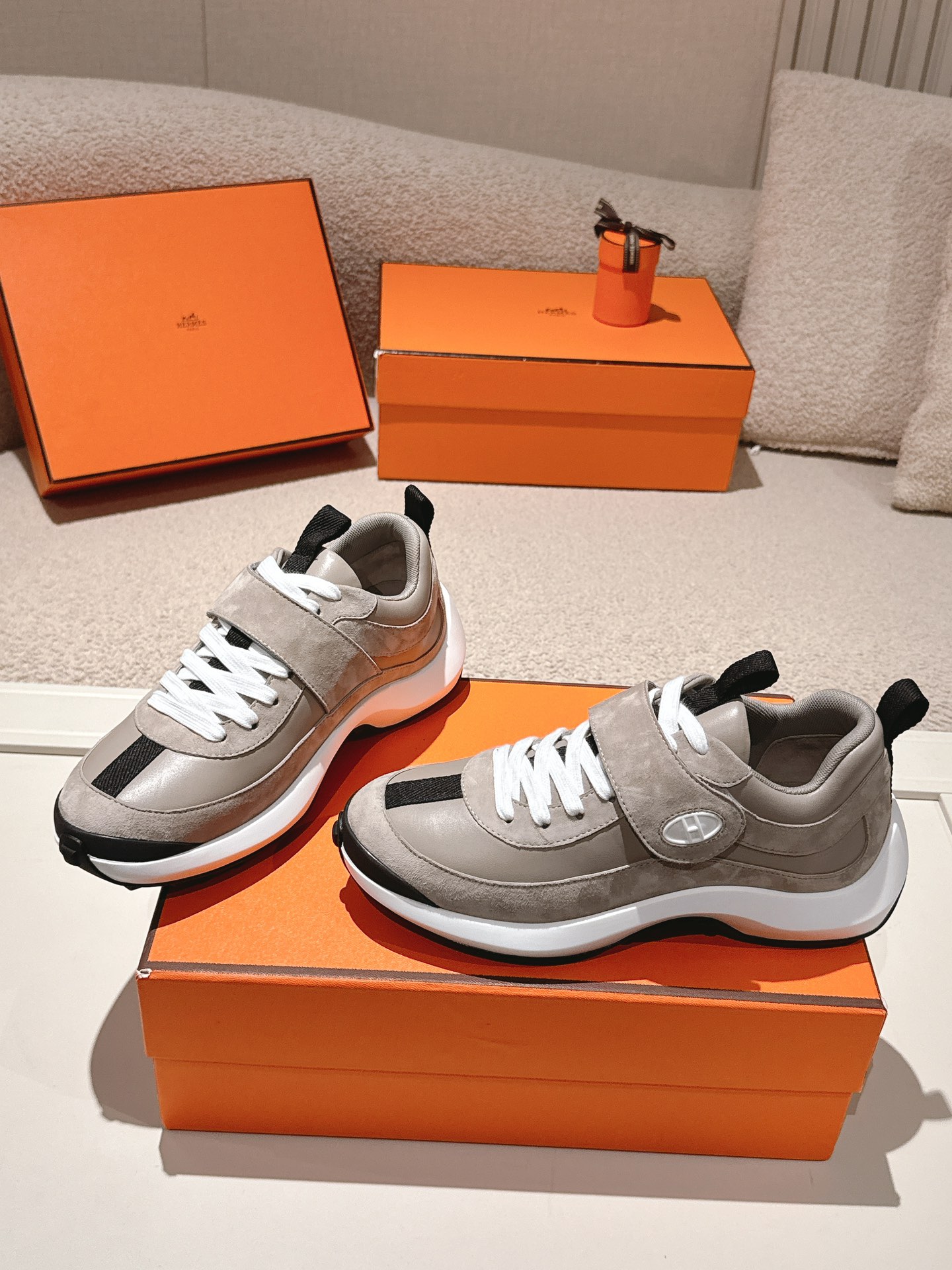 Hermes Leather Suede Sneakers Gray