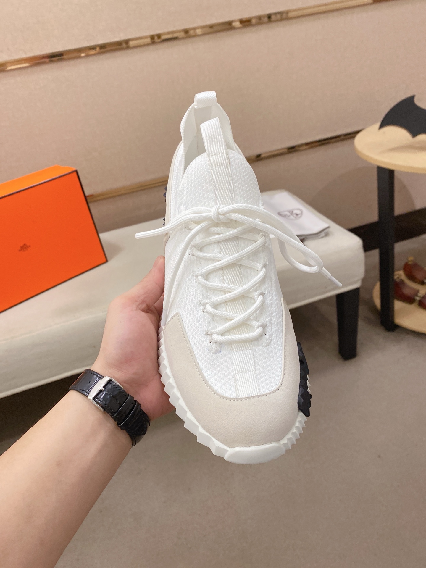 Hermes Knit Suede Sneakers White