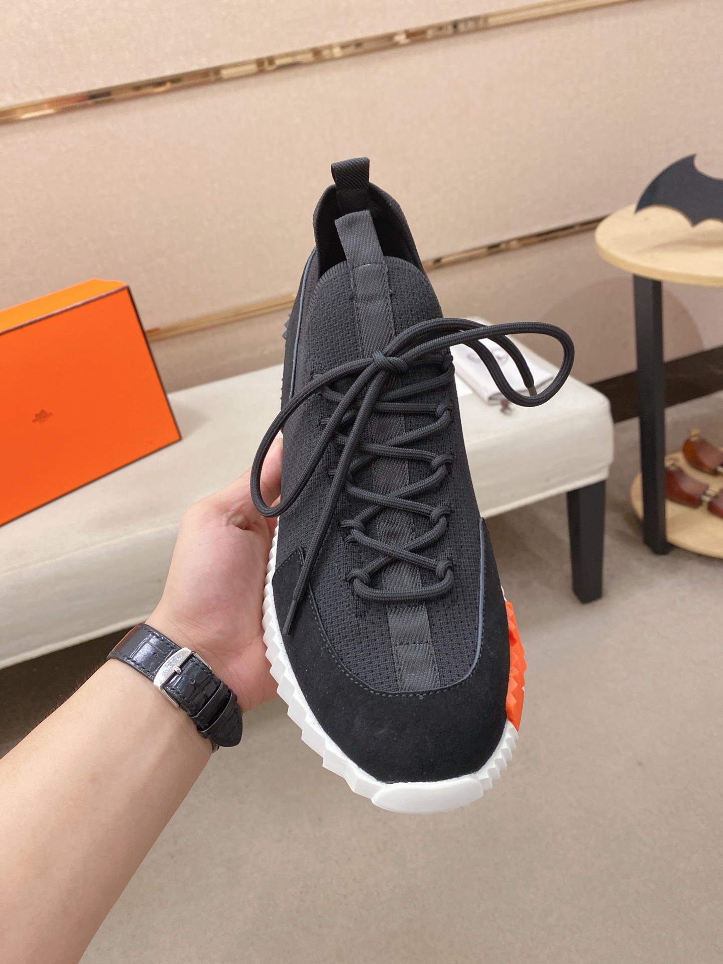 Hermes Knit Leather Sneakers Black