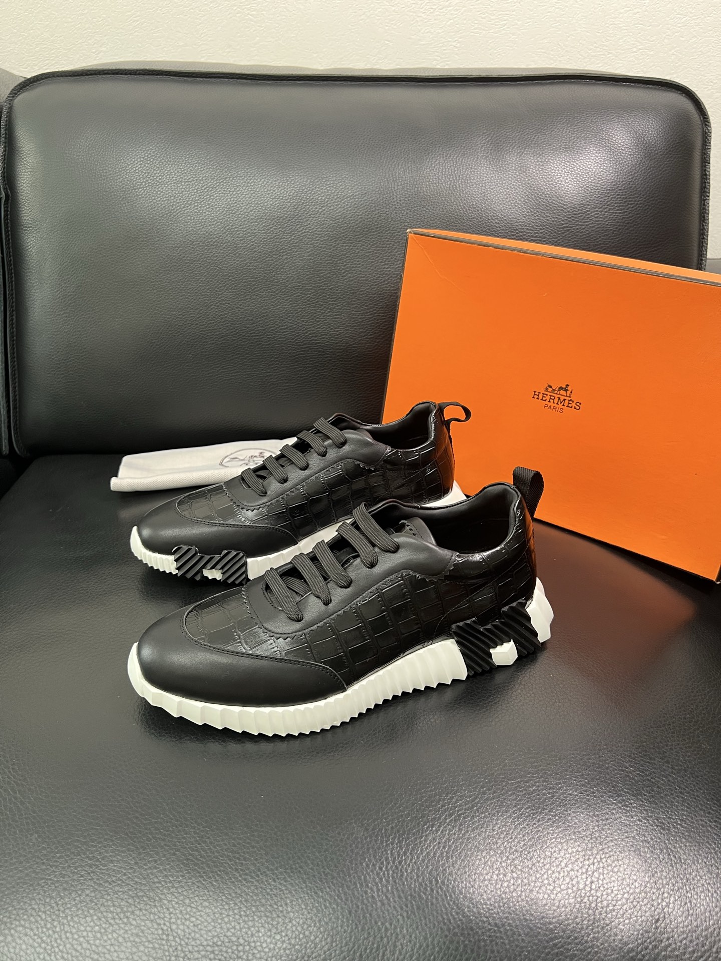 Hermes Croc-Embossed Sneakers Black