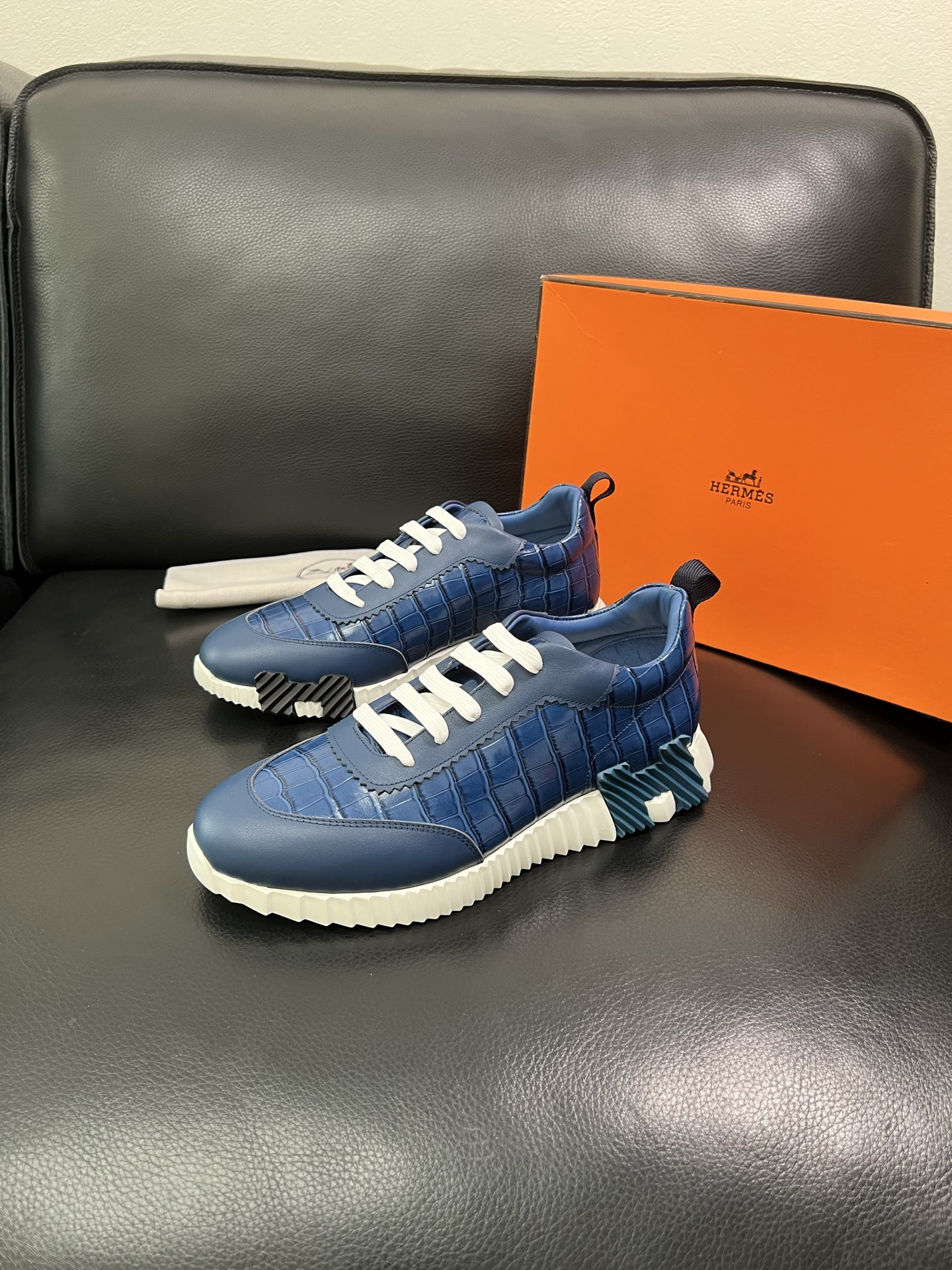 Hermes Croc-Embossed Leather Sneakers Blue