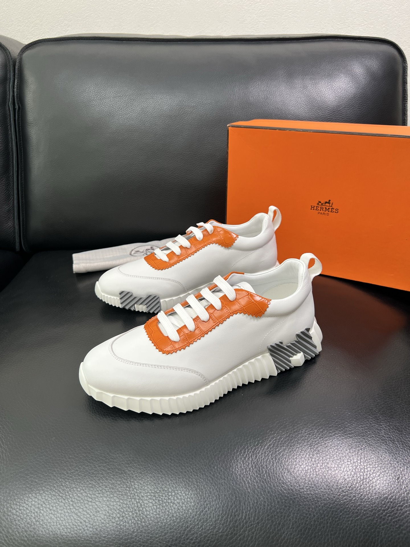 Hermes Leather Chunky Sneakers White/Orange