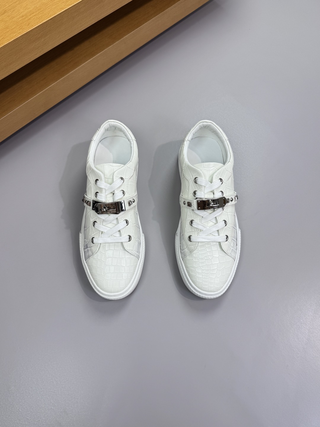 Hermes Croc-Embossed Leather Sneakers White