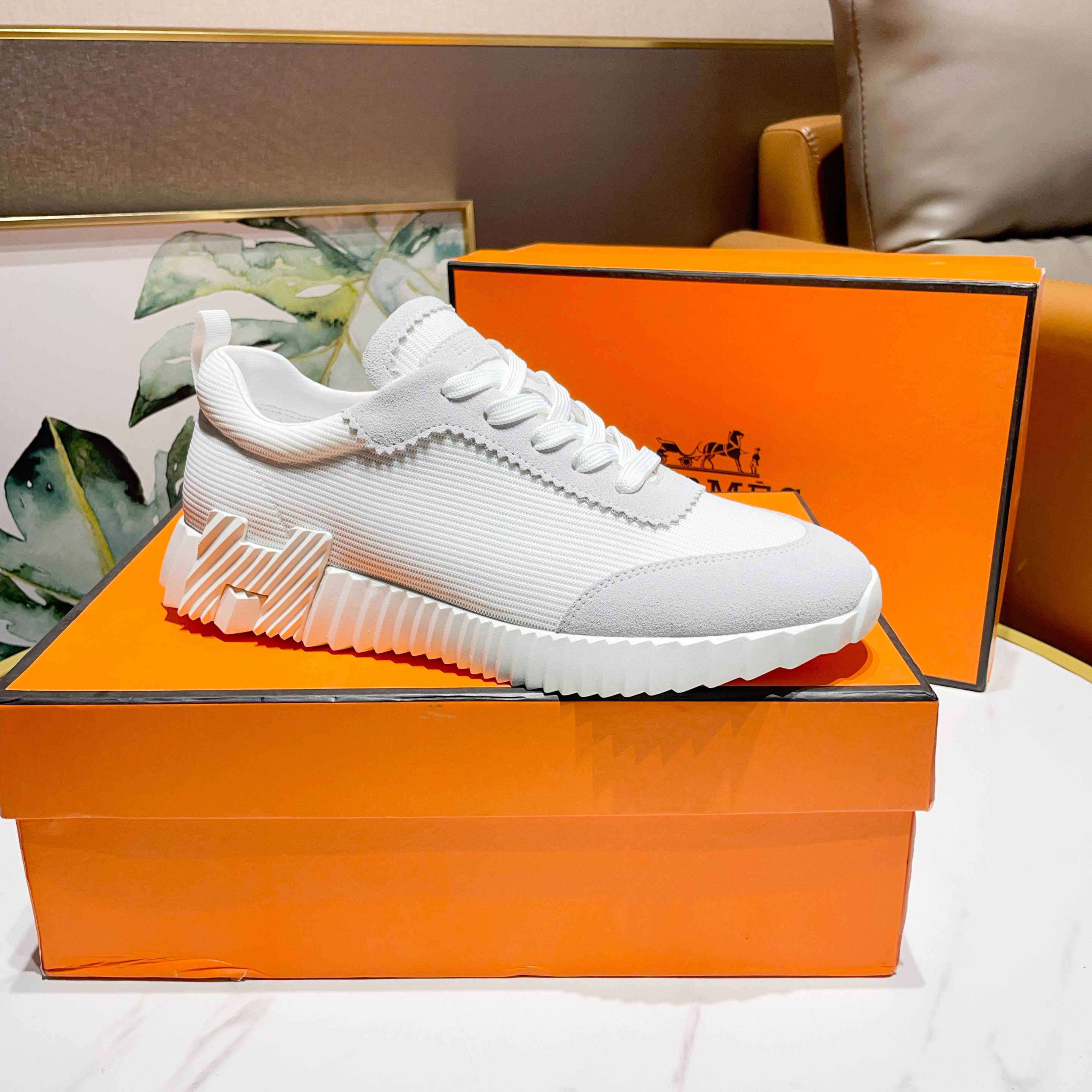 Hermes H Logo Canvas Sneaker White