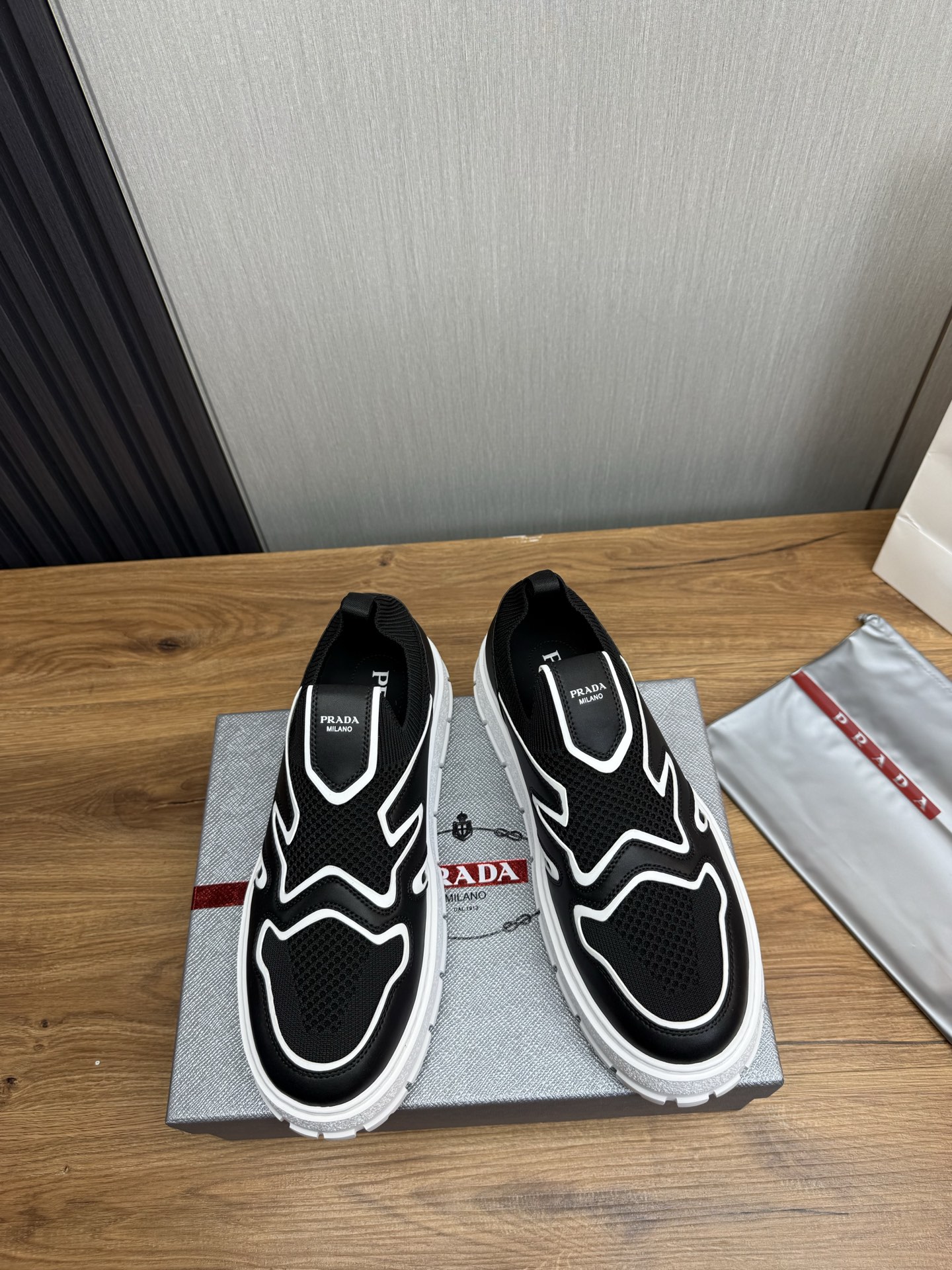 Prada Milano Mesh Slip-On Sneakers Black/White
