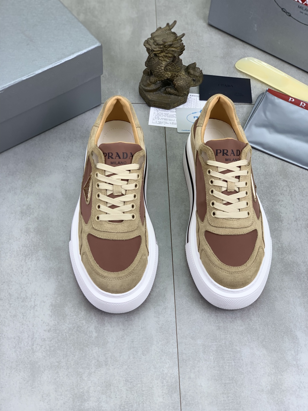 Prada Milano Leather Suede Low-Top Sneakers Khaki Brown