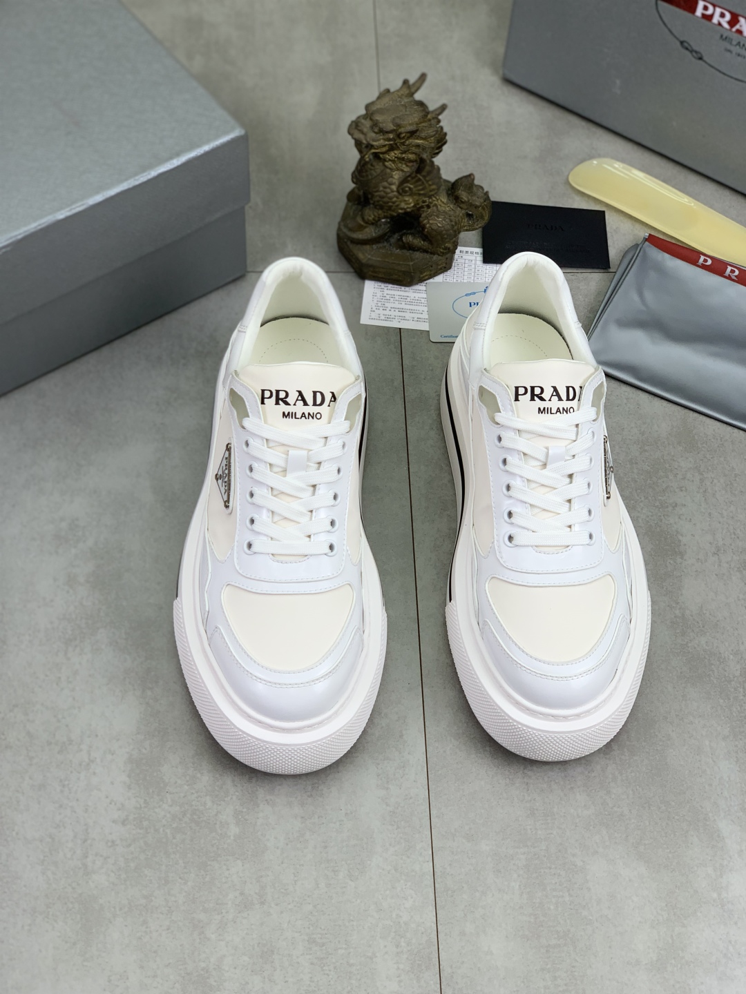 Prada Milano Leather Platform Sneakers White