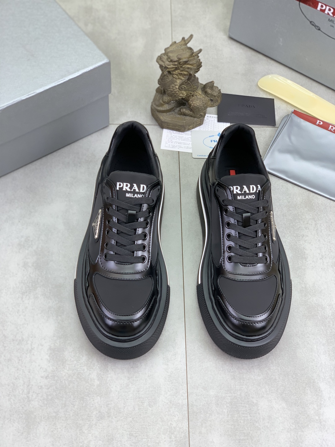 Prada Milano Leather Platform Sneakers Black