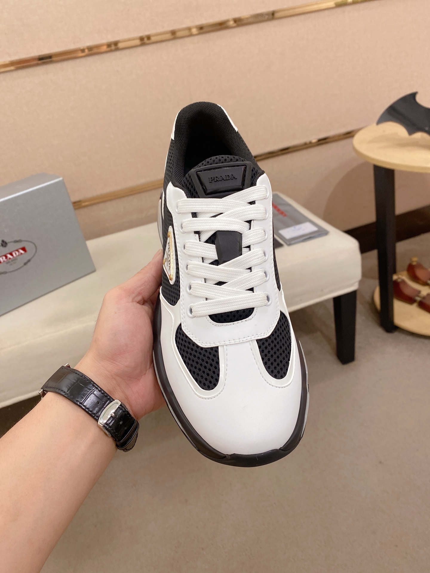 Prada Air-Cushion Mesh Sneakers Black/White