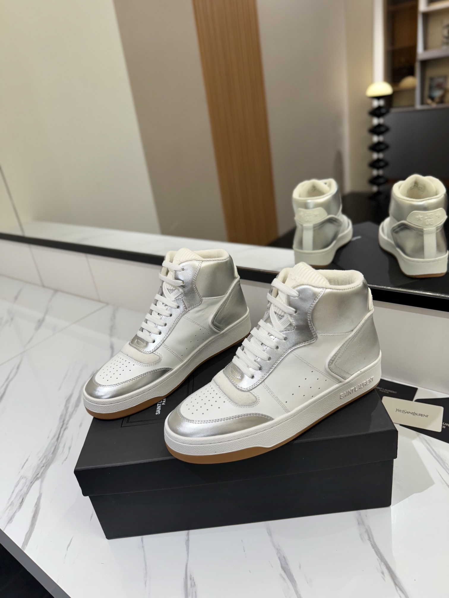 YSL SL61 Leather High-Top Sneakers Silver/White