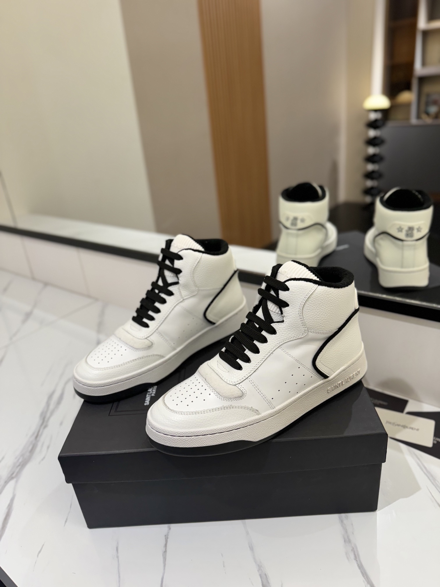 YSL SL61 Leather High-Top Sneakers White/Black