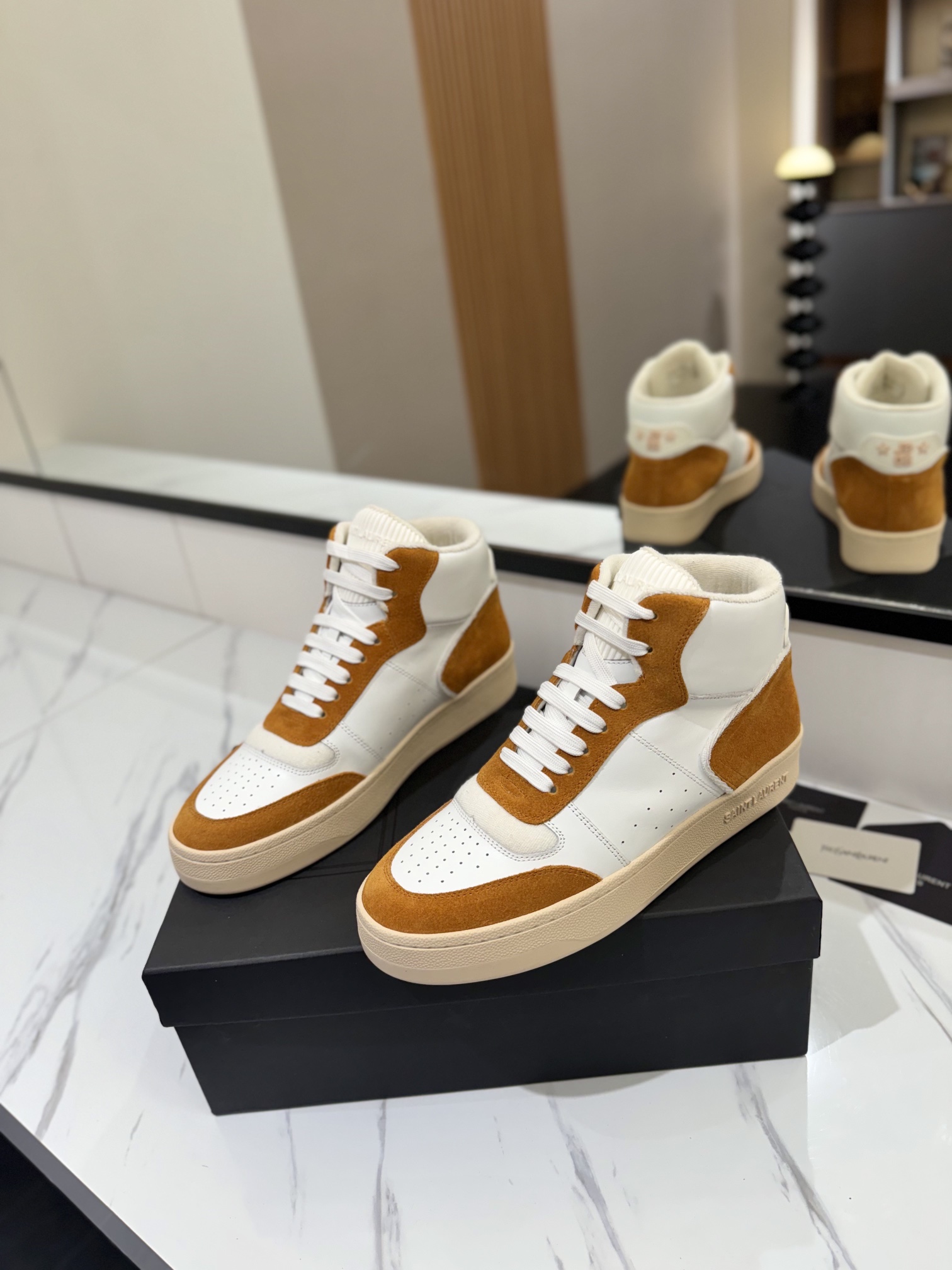 YSL SL80 High-Top Sneakers White/Brown