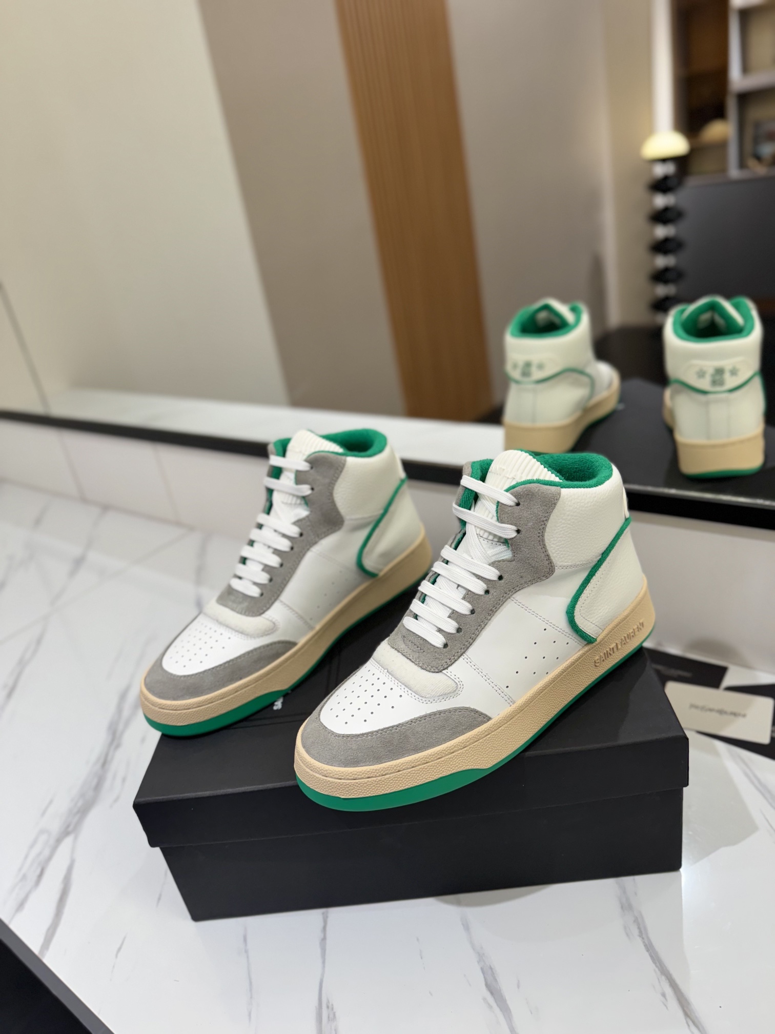 YSL SL61 Leather High-Top Sneakers White/Green